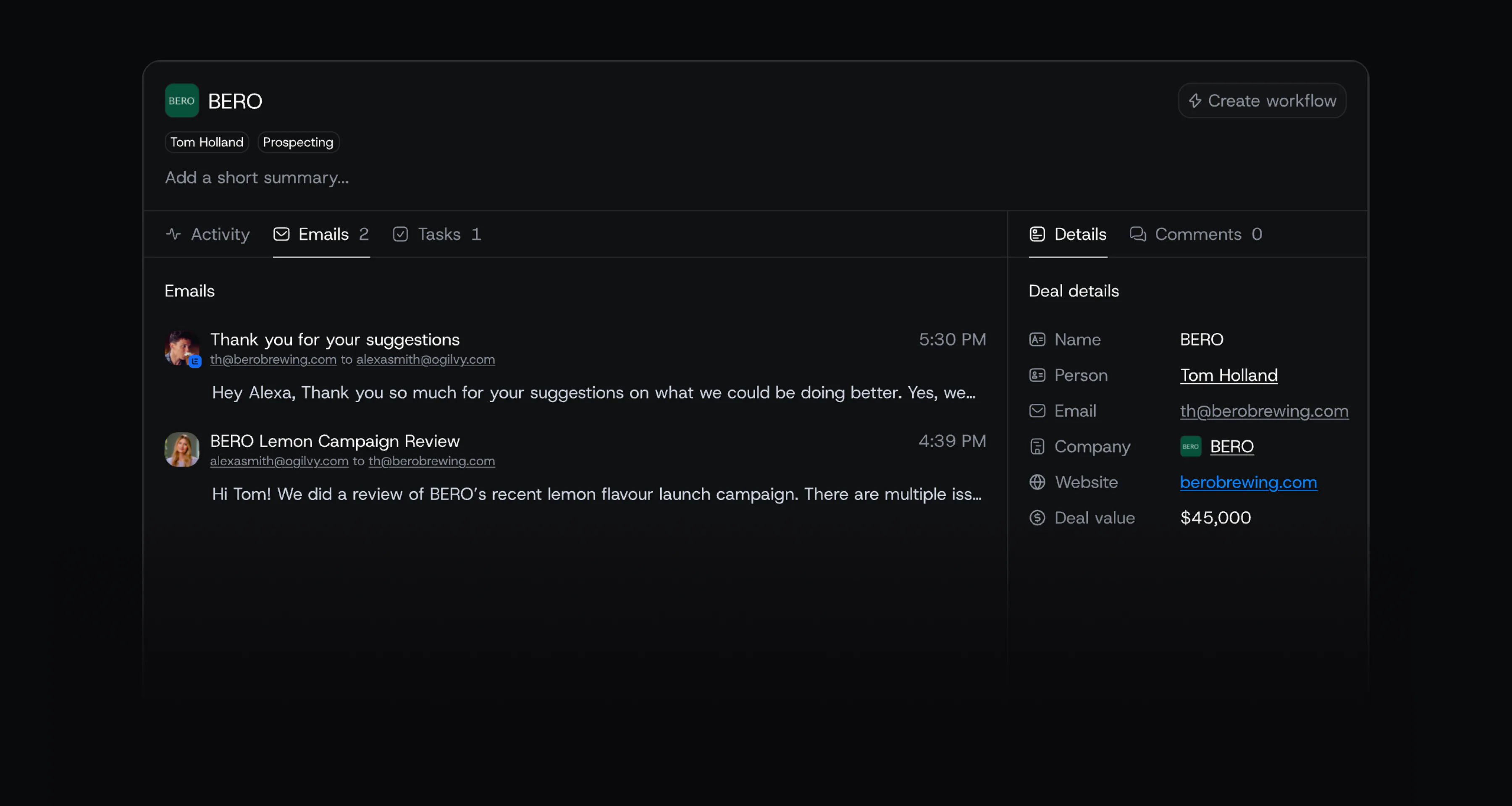 A deal page in Kyo with Gmail activity and deal details