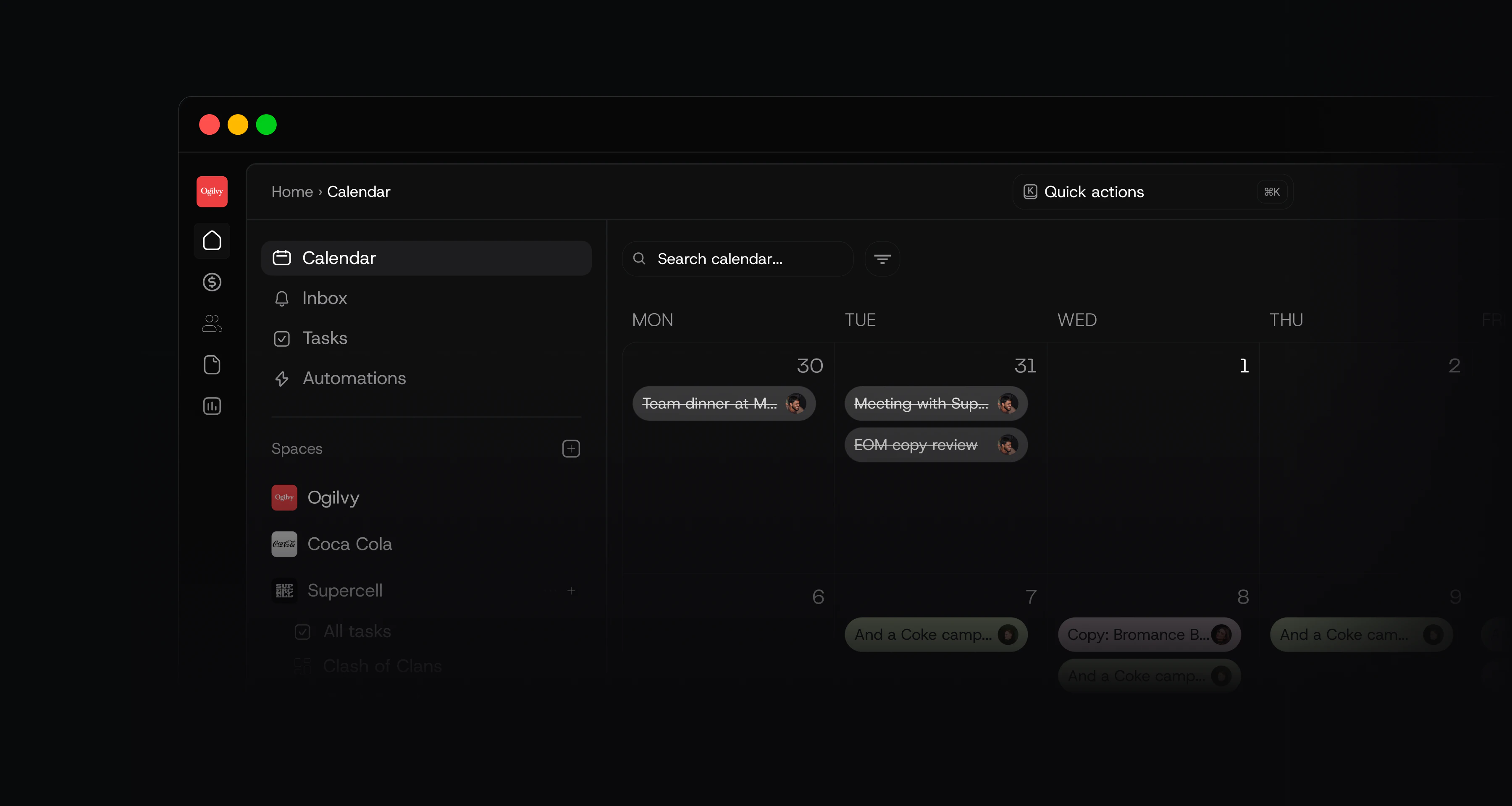 The Kyo workspace &mdash; calendar, client spaces, and projects in one sidebar
